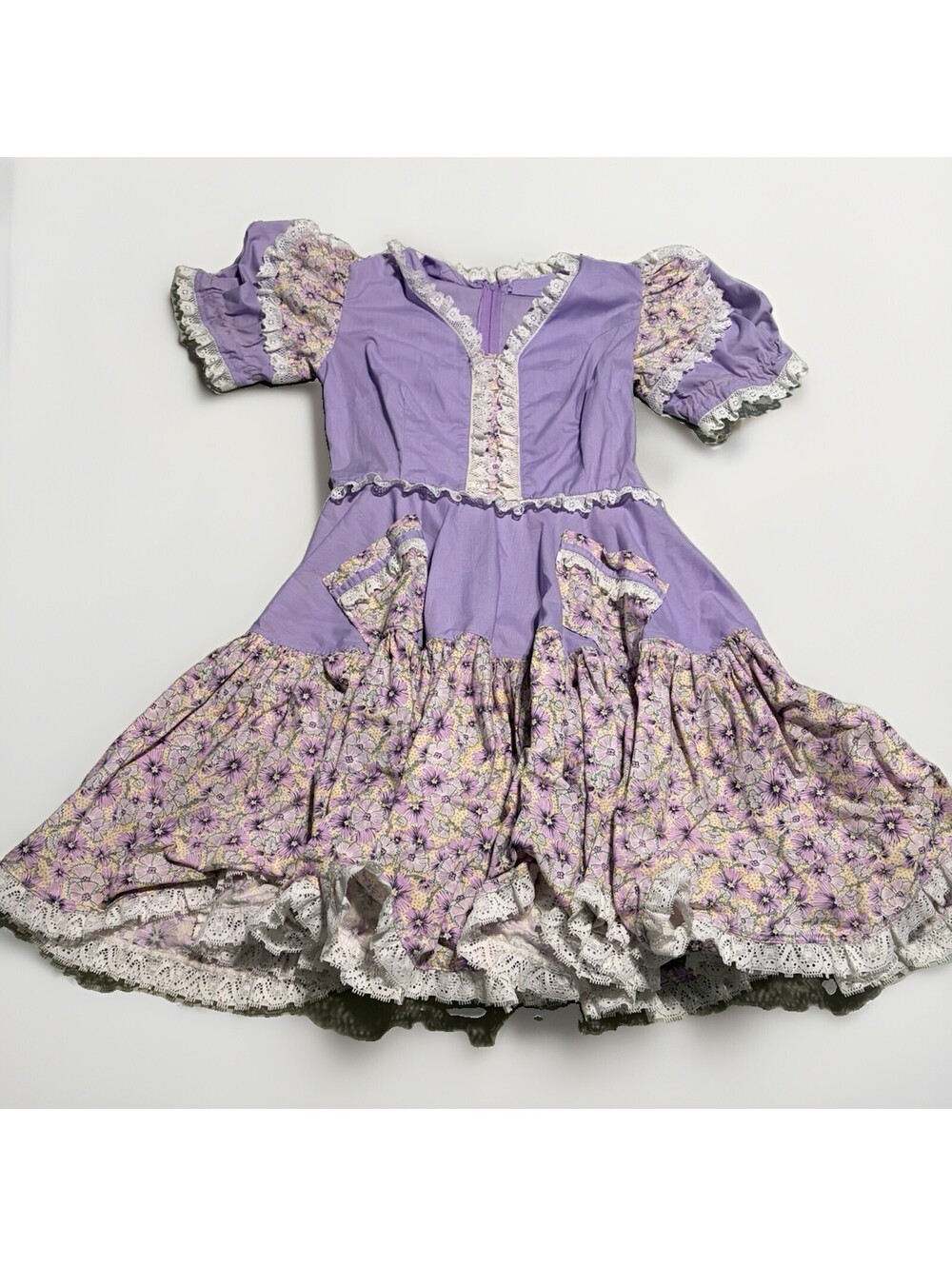 Vintage Purple Floral Prairie Lace Victorian Floral V Neck Dress Sz Extra Small